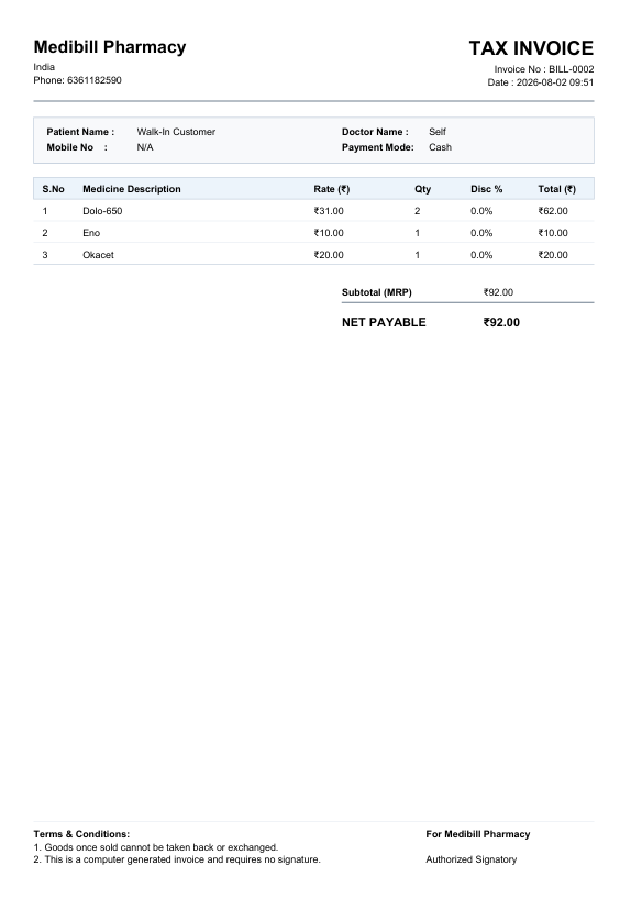 MediBill Lite Printed Invoice Sample