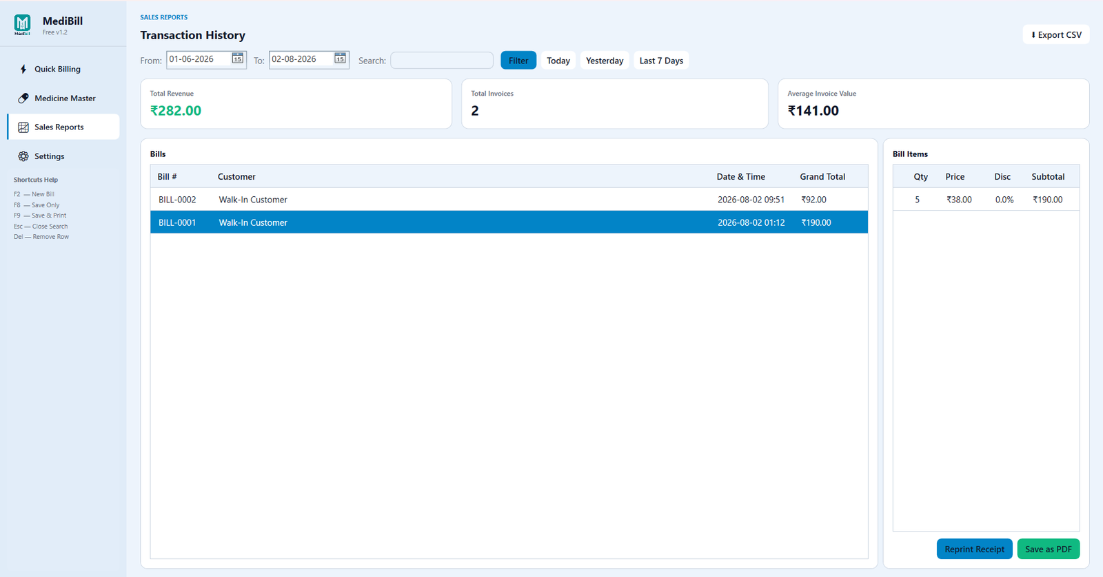 MediBill Lite Sales Reports Ledger