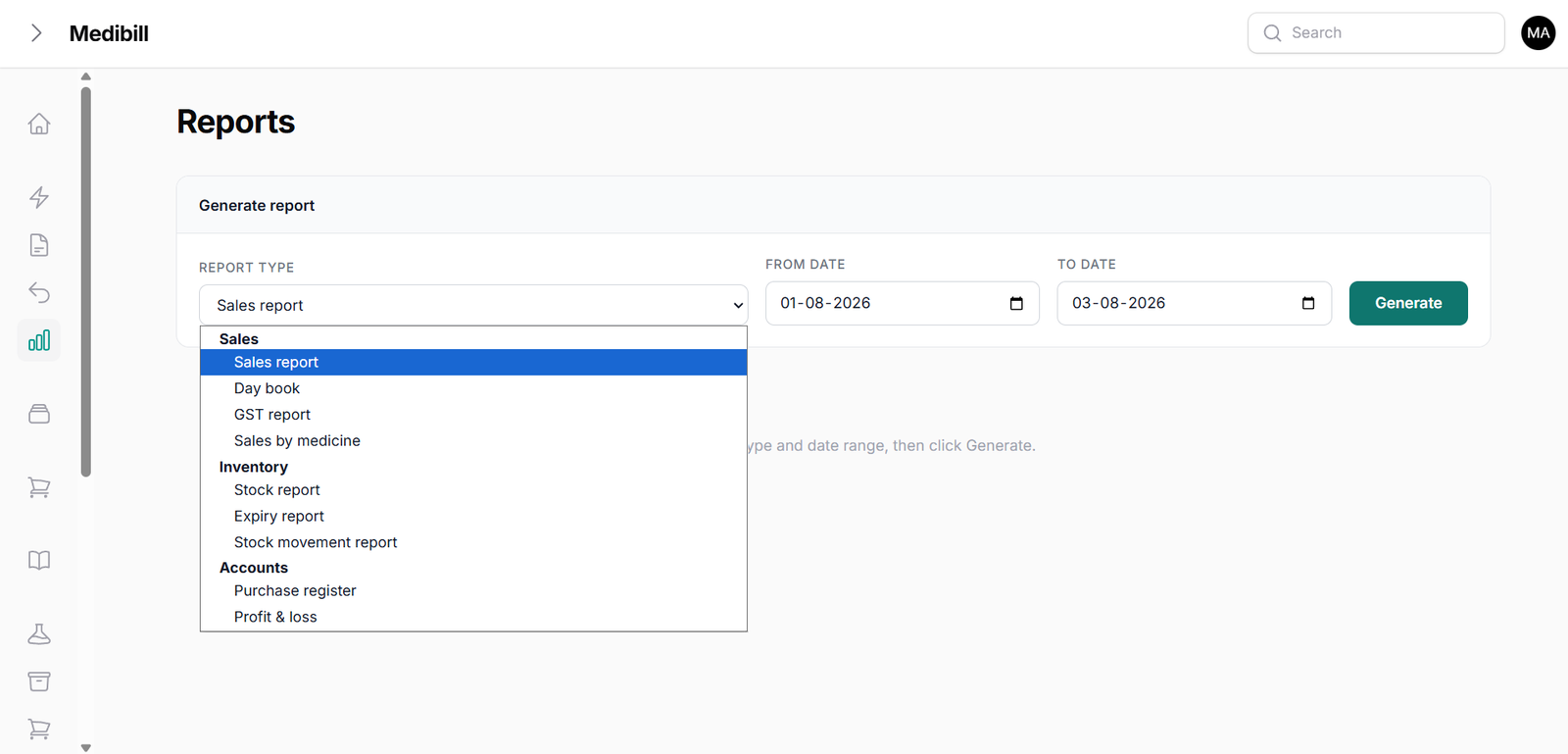 MediBill Standard Main Reports Menu
