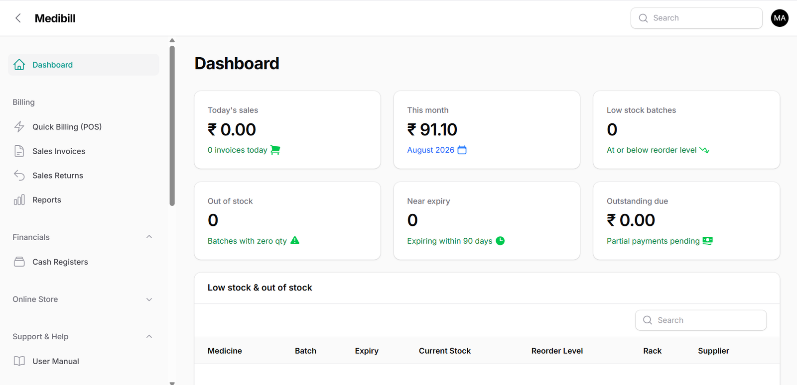 MediBill Standard Cloud Dashboard Screen