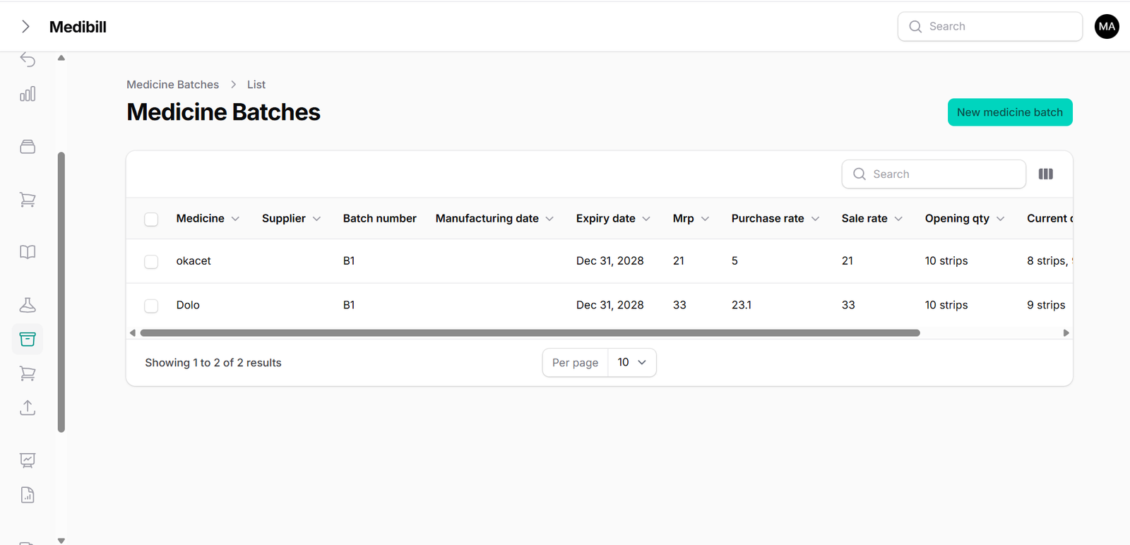 MediBill Standard Medicine Batch Configurations