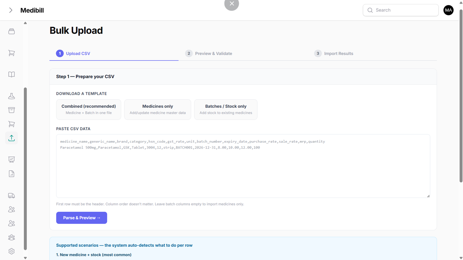 MediBill Standard Medicine Bulk CSV Upload Screen
