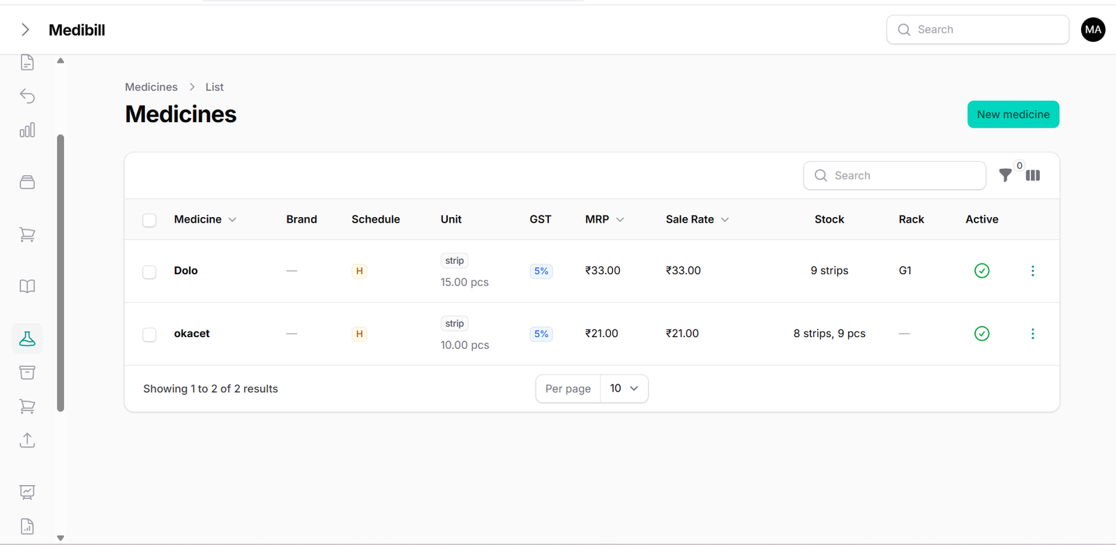MediBill Standard Medicine Database View