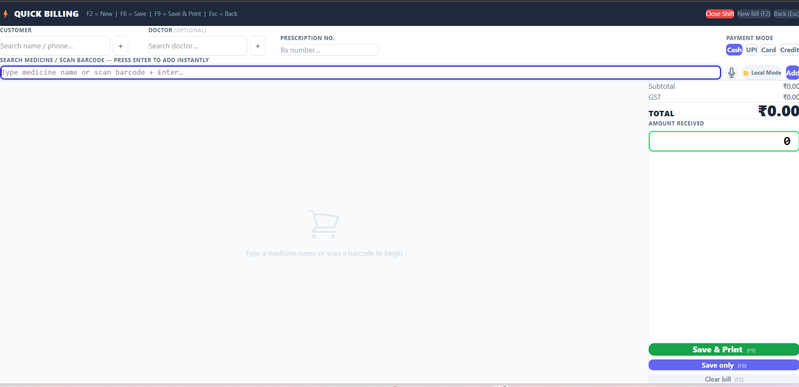 MediBill Standard Quick Billing Interface