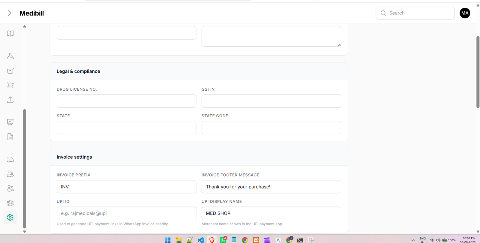 MediBill Standard Invoice Print Fields Configuration